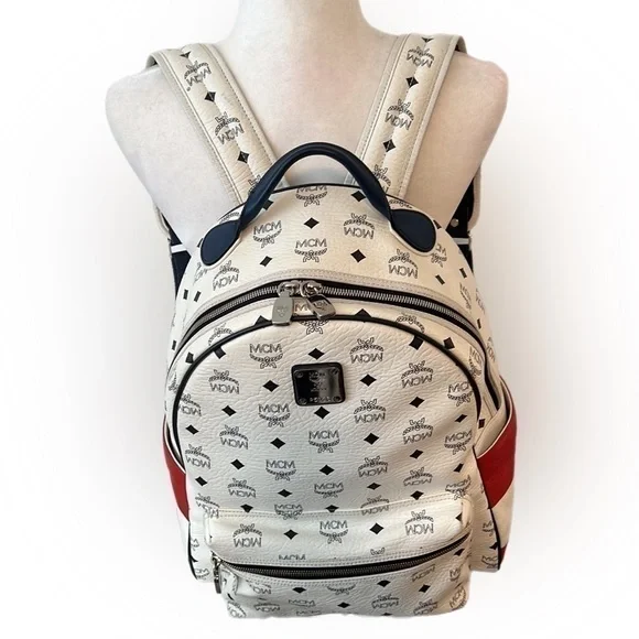 MCM Visteos Stark BackPack Large Travel Backpack W Laptop Divider Red White Blu